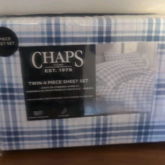 CHAPS by Ralph Lauren 4pc Twin Sheet Set - White/Blue Plaid - Picture 1 of 3